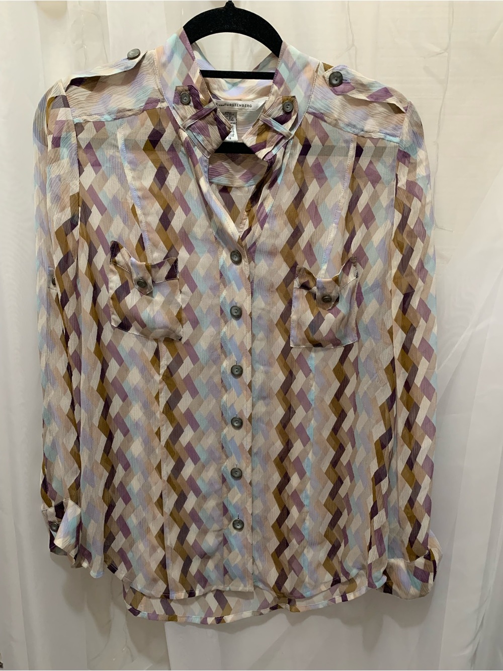 Diane von Furstenberg Sheer Silk Geometrical Zig Zag Button Down - Picture 1 of 9